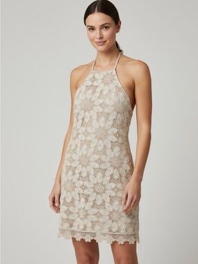 New AROSE STUDIO Beige Crochet Halter Mini Dress Size M